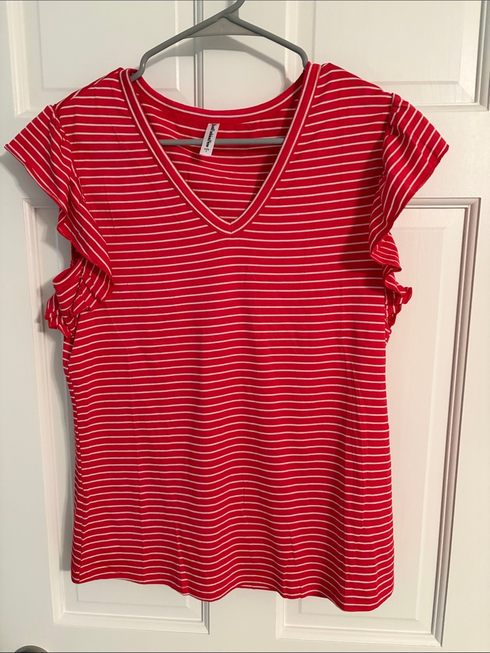 Women's Red Striped V-Neck Ruffle Sleeve Top